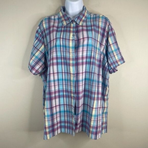 Vintage Tops - Vintage Plaid Camp Shirt Top Womens 3X Button Up Classic Preppy Colorful Crisp